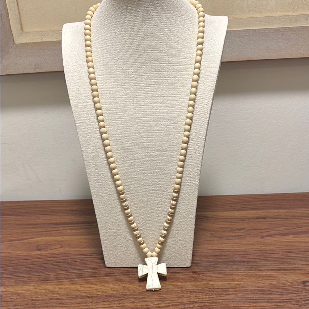 Rosary Necklace Long with Light Wood Beads & Natural Magnesite Stone Cross.